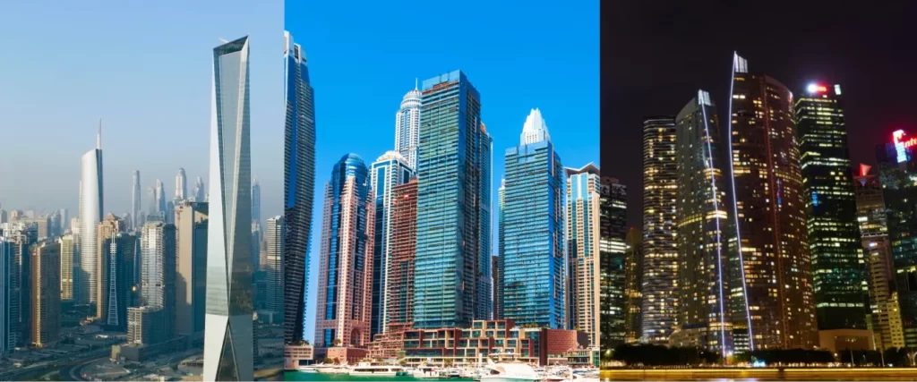 Comparison of skyline views representing Mainland, Free Zone, and Offshore company setup options with modern skyscrapers in Dubai and global financial hubs – day and night cityscapes.